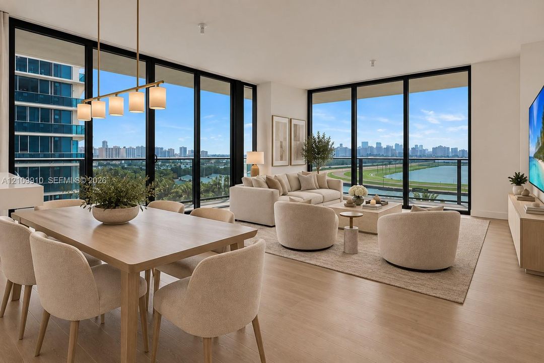 Floor-to-ceiling windows, wood-finish flooring, linear pendant lighting, and private balcony access