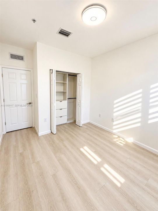 Interior space featuring wood-finish flooring, a built-in closet with integrated shelving and drawers, and a ceiling-mounted light fixture