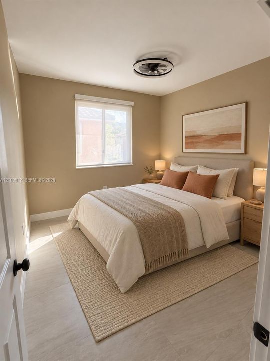 Neutral-toned interior featuring large-format tile flooring, recessed ceiling fan fixture, and a single-hung window with roller shade