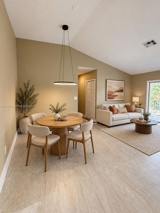 Vaulted ceilings, large-format tile flooring, circular modern pendant lighting, and sliding glass door