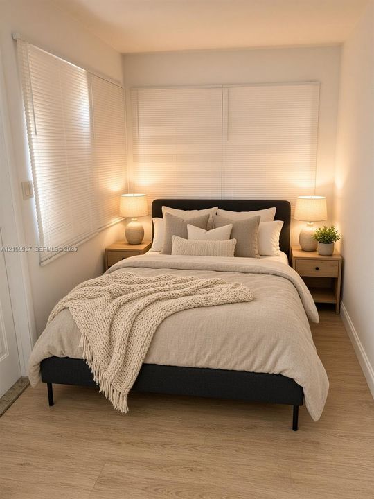 Wood-finish flooring, dual windows with integrated horizontal blinds, and neutral wall tones