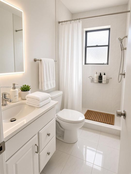 Bathroom featuring a white vanity cabinet, a wall-mounted lighted mirror, polished ceramic floor tile, and a walk-in shower with tiled surround and an adjustable-height handheld fixture