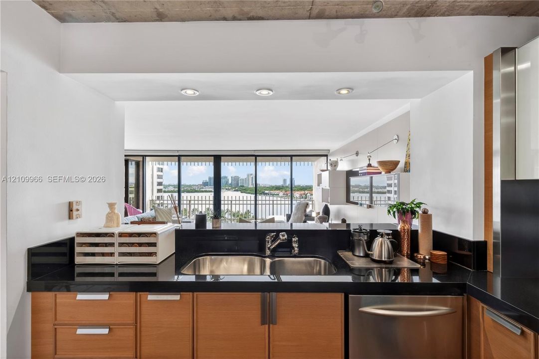Kitchen featuring wood cabinetry, black solid-surface countertops, dual-basin stainless steel sink with a high-arch faucet, stainless steel dishwasher, and recessed ceiling lighting
