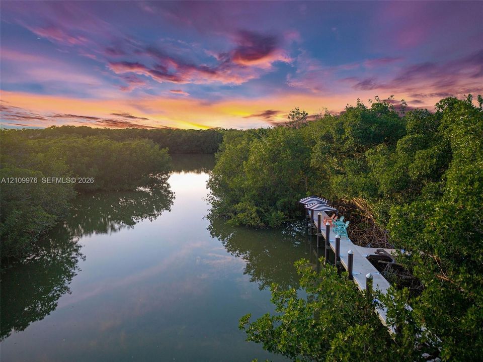 Waterfront property featuring a private dock and mature mangrove surroundings under a prominent sunset backdrop