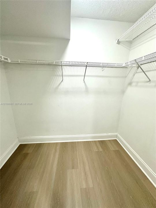 Walk-in storage space featuring wood-finish flooring and tiered metal shelving