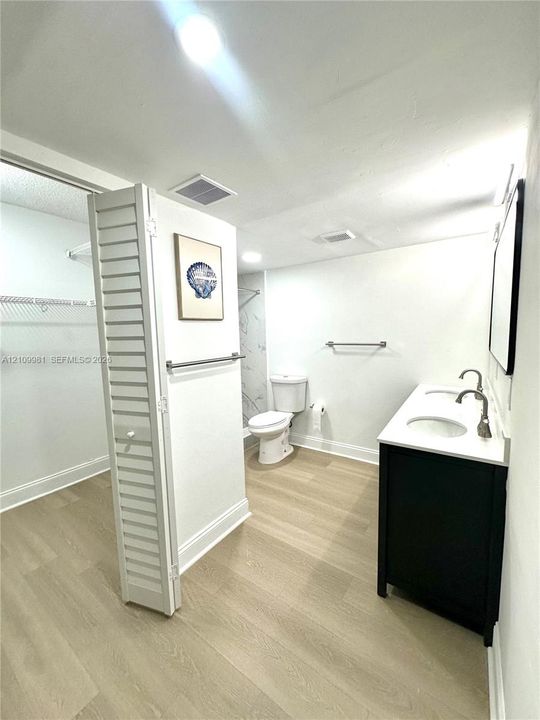 Double vanity with a white countertop and dark-finish cabinet, wood-finish flooring, and a walk-in closet featuring built-in wire shelving