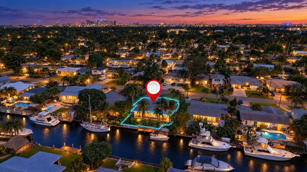 Twilight canal neighborhood with glowing