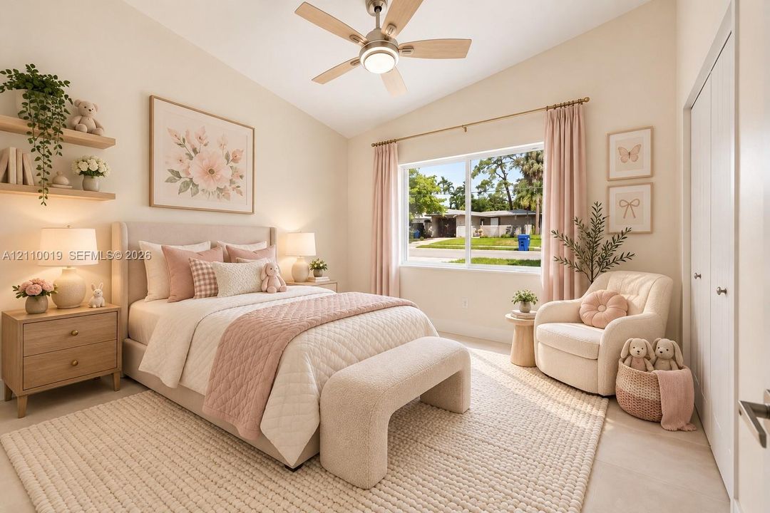 Vaulted ceilings, large picture window with natural light, multi-blade ceiling fan with integrated lighting, and two wall-mounted floating wood shelves