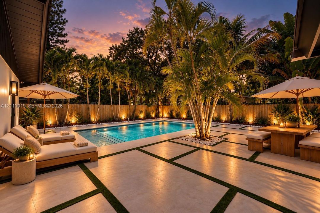 In-ground swimming pool featuring a geometric paver patio with turf inlays, mature palm landscaping, vertical wood-slat perimeter fencing, and integrated landscape lighting
