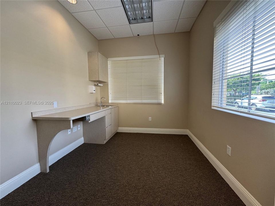 Neutral wall-toned room featuring a built-in laminate cabinetry workstation, integrated sink, carpeted flooring, and windows with horizontal blinds