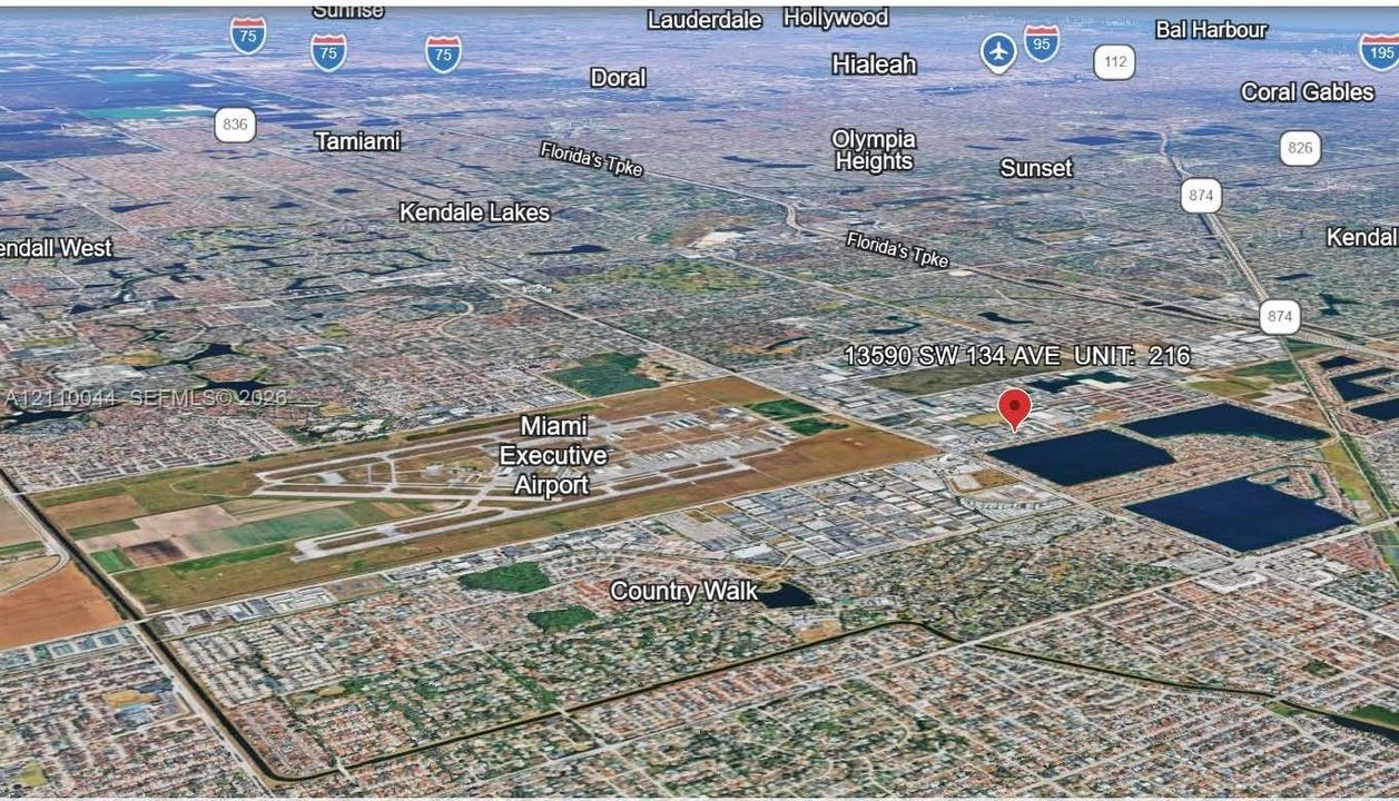 Aerial perspective highlighting proximity to Florida's Turnpike, State Road 874, and Miami Executive Airport
