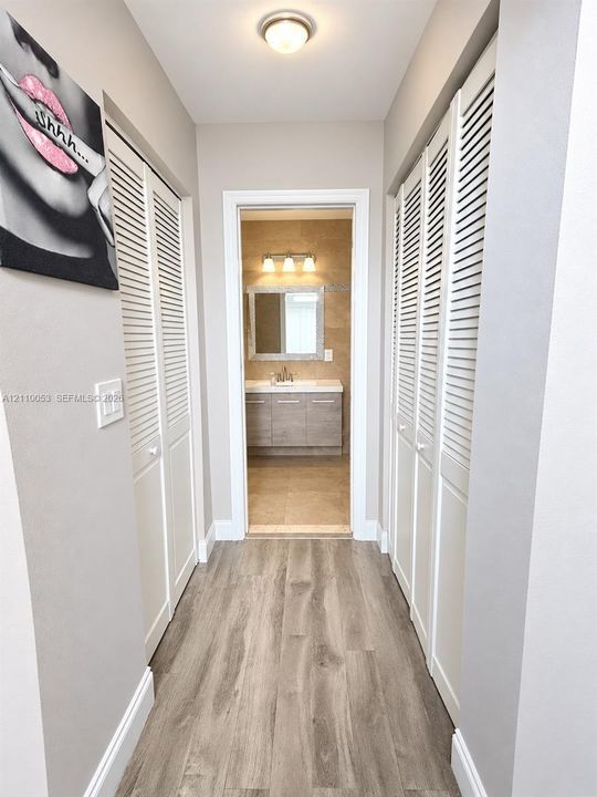 Walk-in closet featuring custom white built-in shelving, multi-level hanging rods, and wood-finish flooring