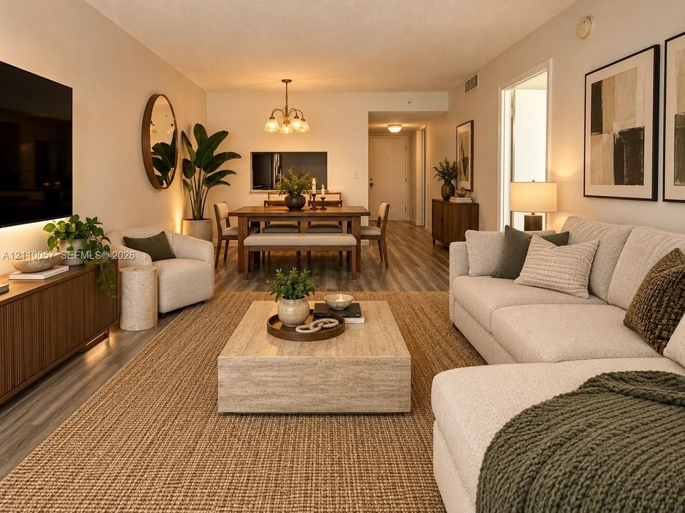 Open-concept living space featuring wood-finish flooring, recessed lighting, and a multi-arm chandelier