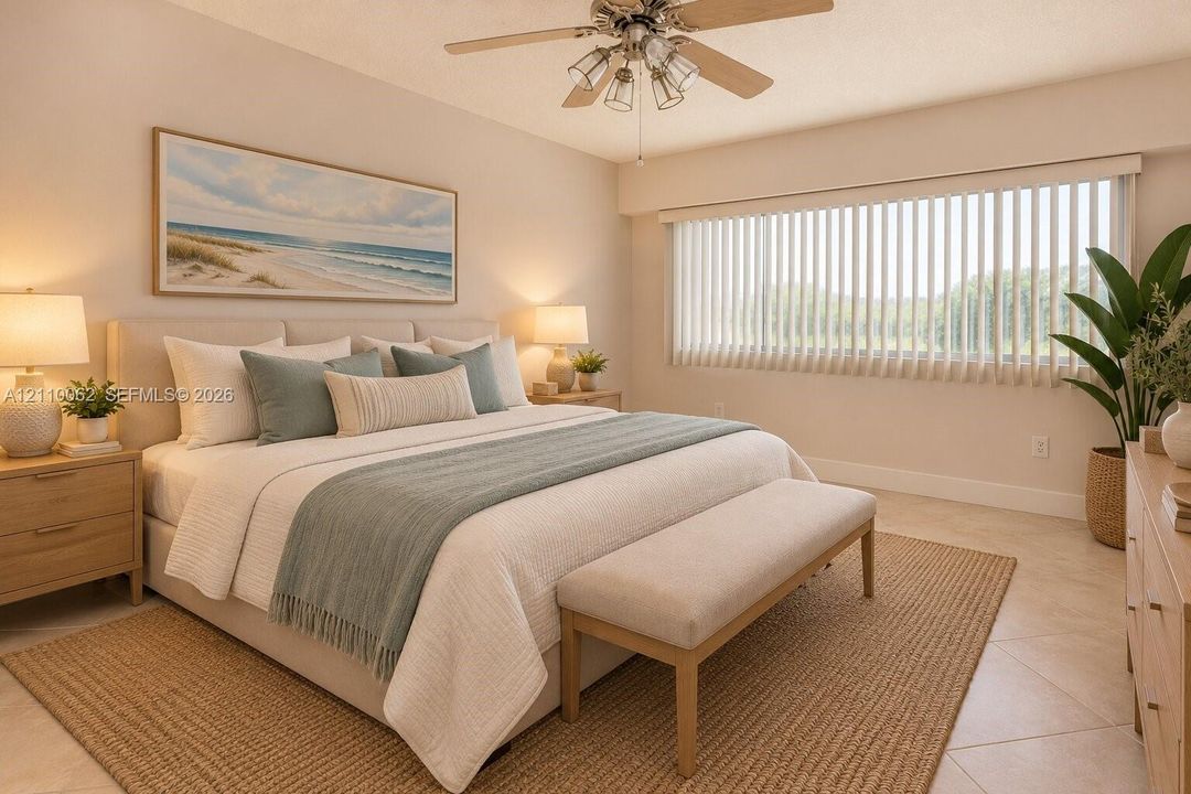 Neutral-toned room featuring large-format tile flooring, a multi-blade ceiling fan with integrated lighting, and expansive horizontal windows fitted with vertical blinds