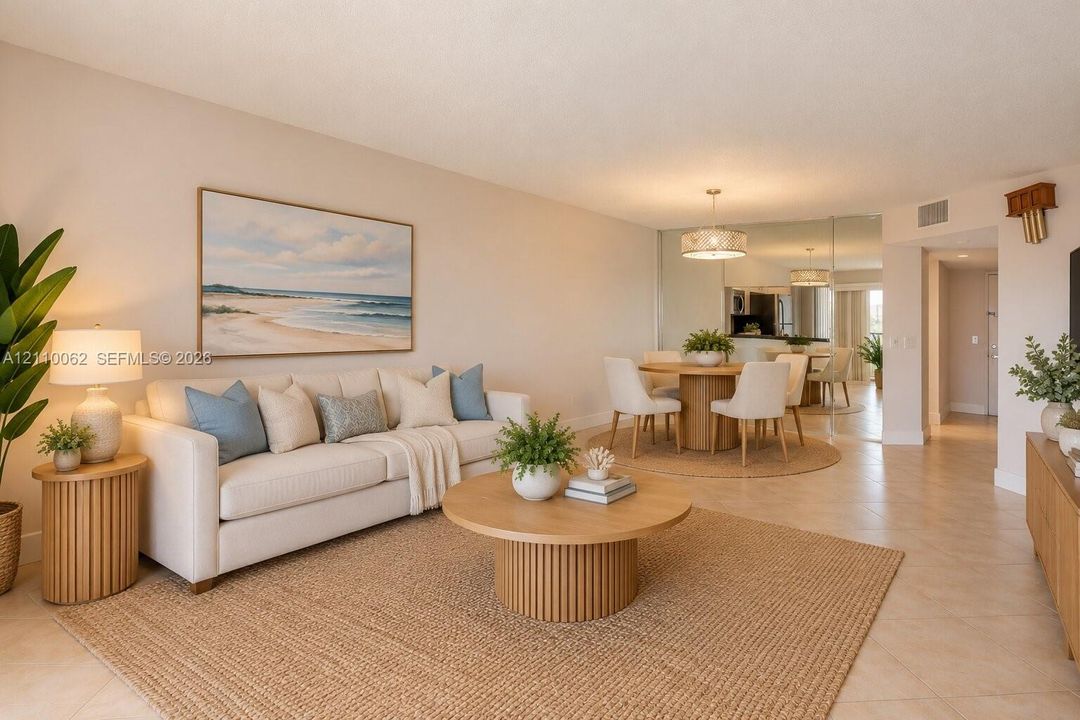 Open-concept floor plan featuring large-format ceramic tile flooring, neutral wall tones, decorative mirrored wall paneling, and a tiered drum-style chandelier