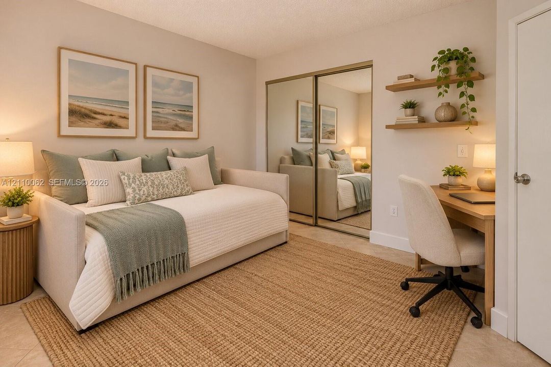 Sliding mirrored closet doors, built-in wooden wall shelving, and neutral tile flooring