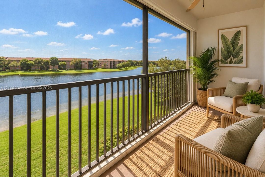 Screened-in balcony featuring metal railings, ceiling fan, and direct water frontage overlooking the lake and landscaped grounds
