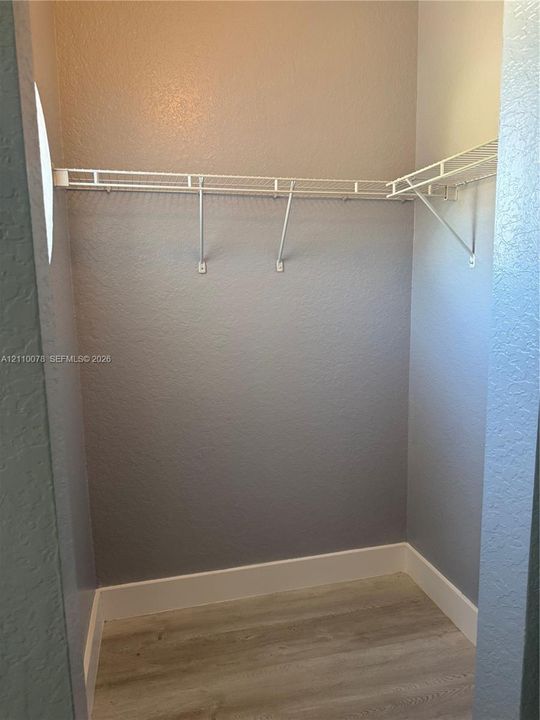 Walk-in closet featuring light-toned wood-finish flooring, neutral wall paint, and white wire shelving