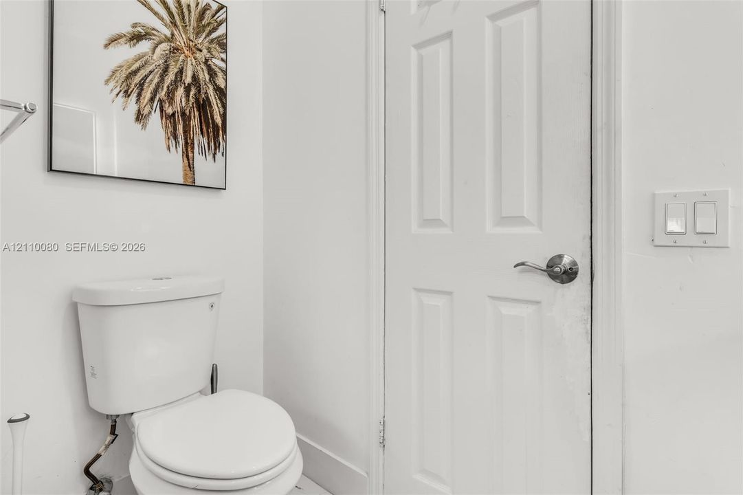 Four-panel interior door with a brushed-nickel lever handle, white vitreous china toilet, and dual-rocker light switch