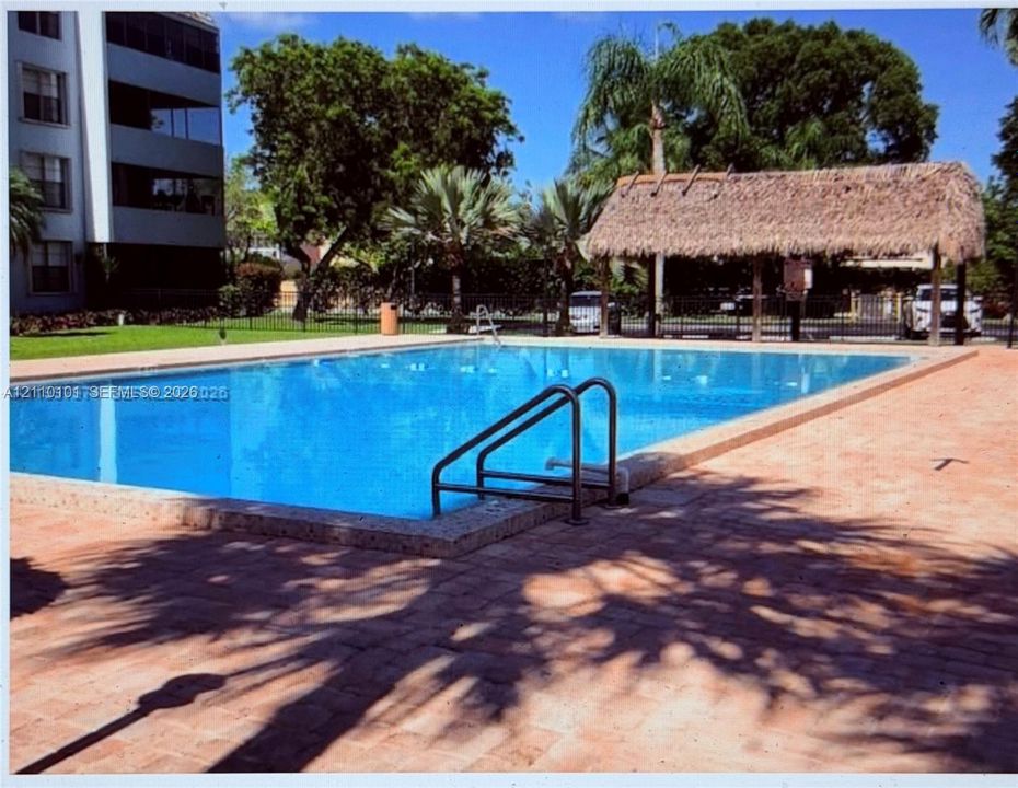 Swimming pool featuring a paved deck, metal handrail, and a thatched-roof cabana structure