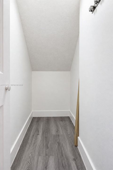 Storage area featuring wood-finish flooring, white walls, and a multi-bulb ceiling fixture