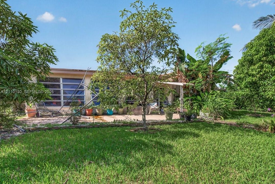 Spacious backyard featuring mature trees, manicured lawn, and a paved patio area with a covered porch