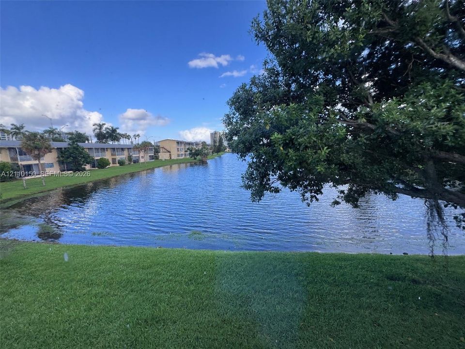 Waterfront property featuring a manicured lawn, mature trees, and a lake shoreline