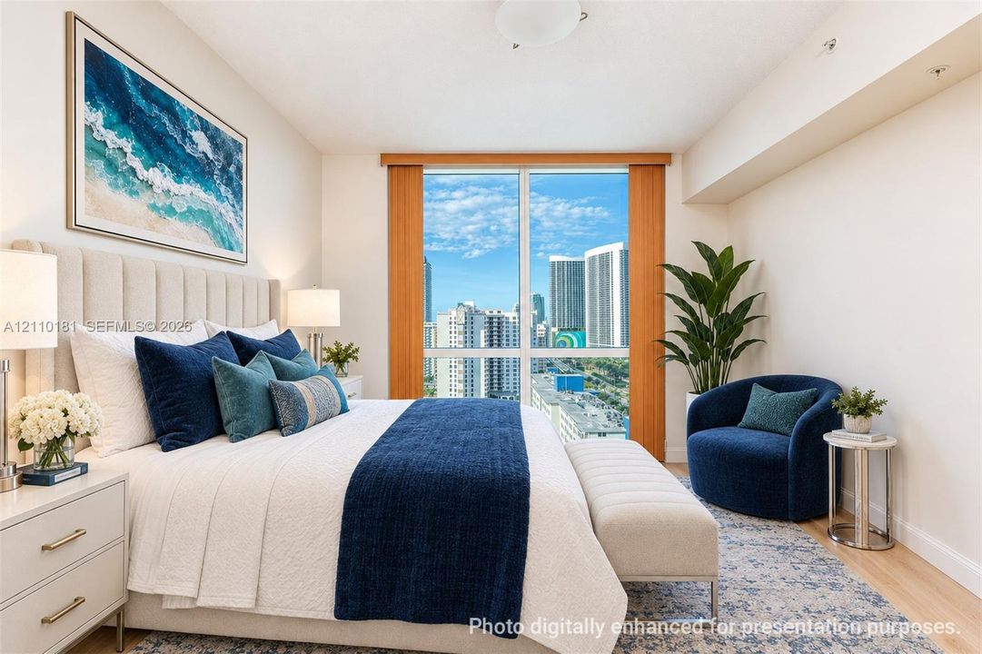 Floor-to-ceiling windows featuring urban scenery and wood-finish trim, neutral wall coloring, and light-toned flooring
