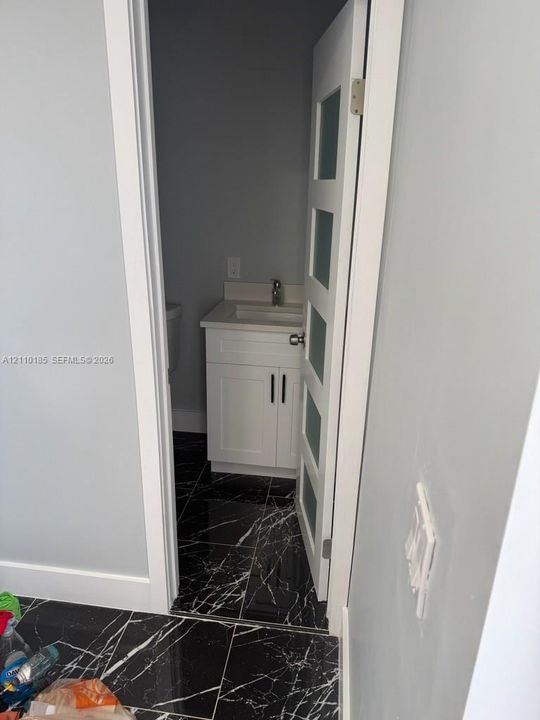 Interior space featuring high-contrast black veined tile flooring, a white vanity cabinet with shaker-style doors, and a door paneled with frosted glass inserts