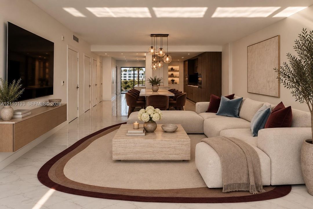 Open-concept living space featuring polished stone flooring, a wall-mounted wood-finish media console, custom built-in cabinetry, and multi-pendant globe lighting - virtual staging