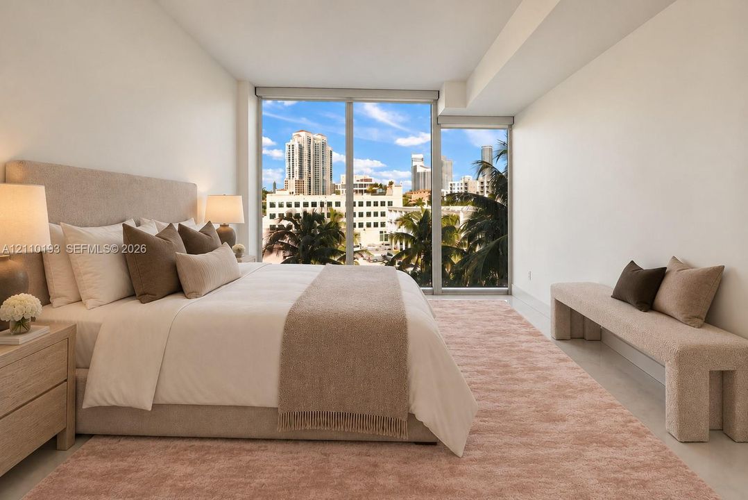 Floor-to-ceiling windows featuring urban scenery, neutral wall finishes, and wall-to-wall carpeting