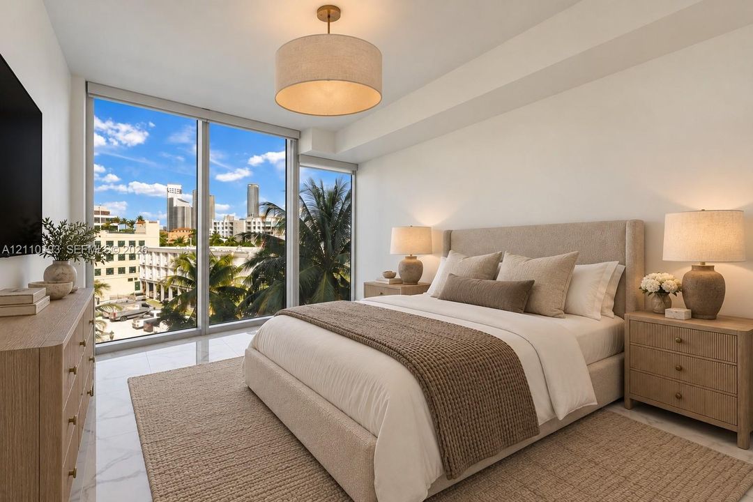 Floor-to-ceiling windows, polished stone flooring, and a neutral palette featuring a contemporary drum pendant light