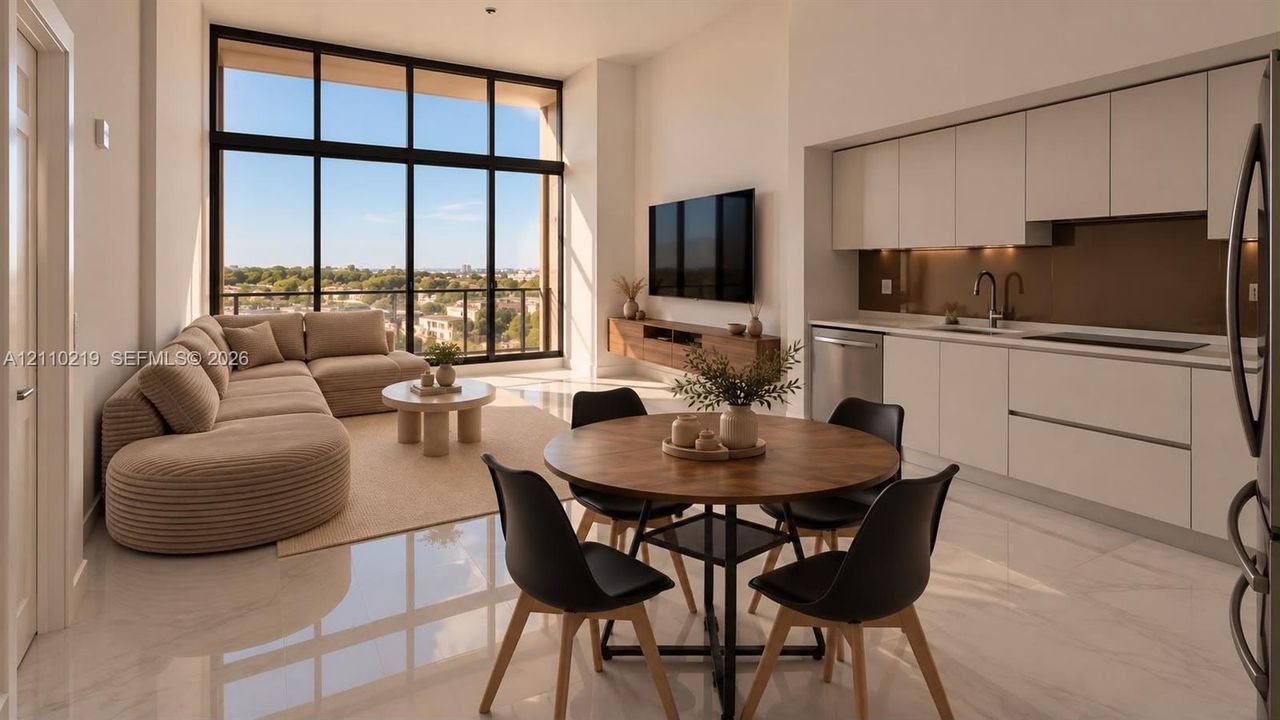 Floor-to-ceiling windows, high ceilings, stone-finish flooring, built-in wooden media console, and flat-panel cabinetry with integrated lighting