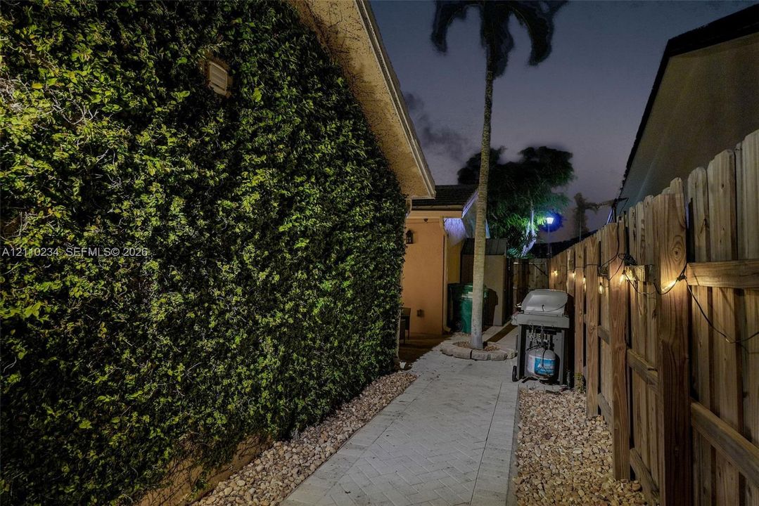 Exterior side walkway featuring a paved stone path, wood privacy fencing, a manicured hedge wall, and mature palm landscaping