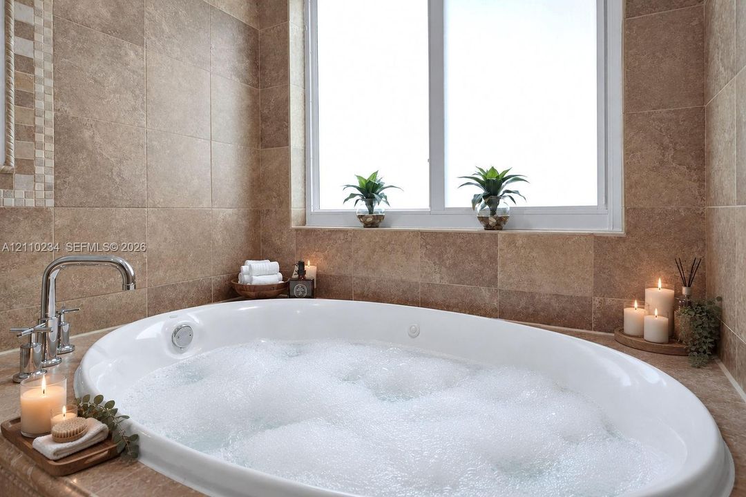 Oval soaking tub featuring a deck-mounted chrome faucet, set within stone-tiled wall surrounds and a window-integrated ledge