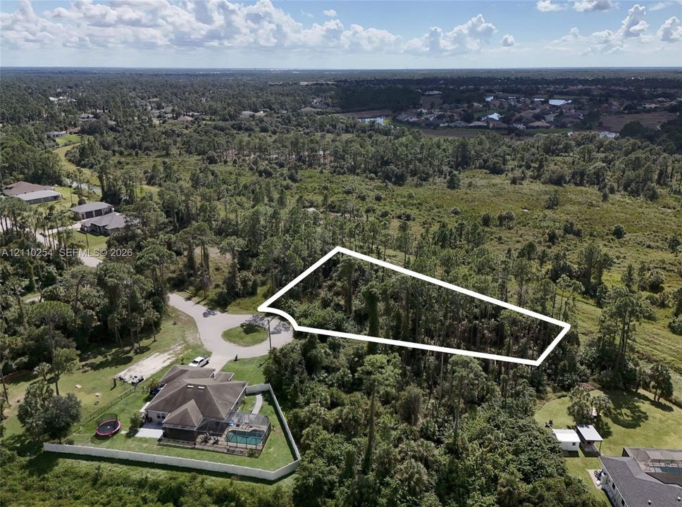 Aerial view of a vacant residential lot featuring dense vegetation and mature trees, situated on a cul-de-sac