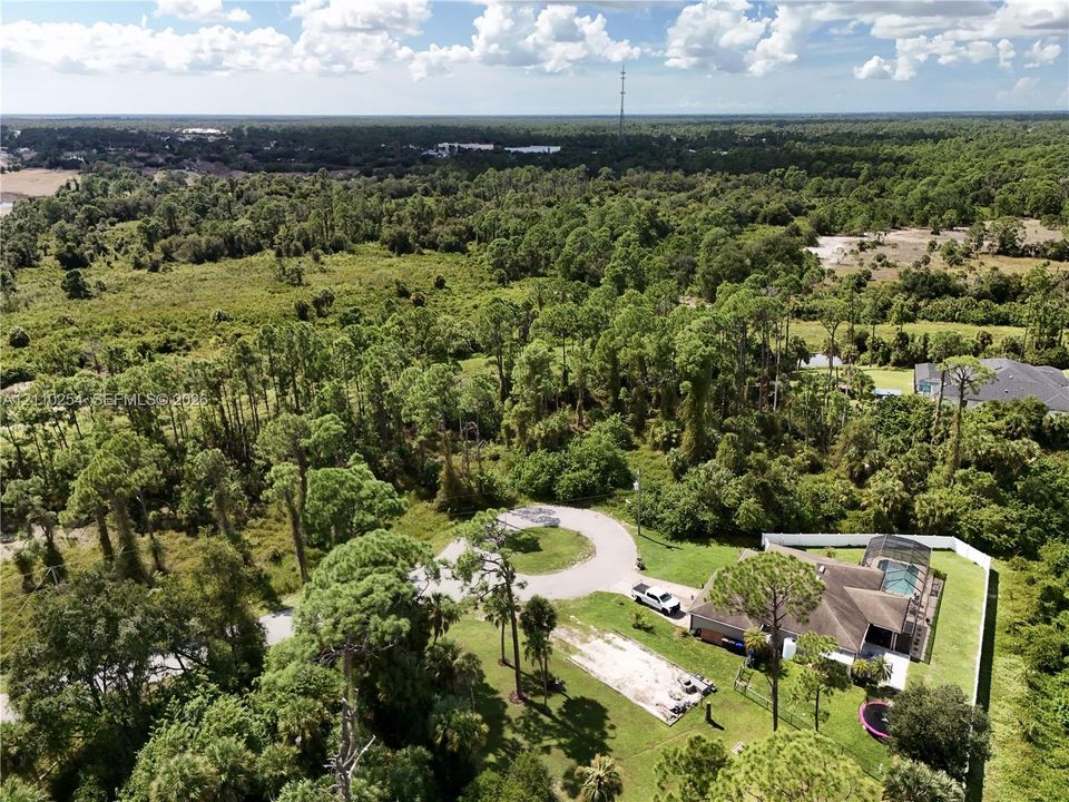 Aerial perspective of a property featuring an expansive lot, mature native vegetation, a screened-in pool enclosure, and a multi-pitched shingled roof