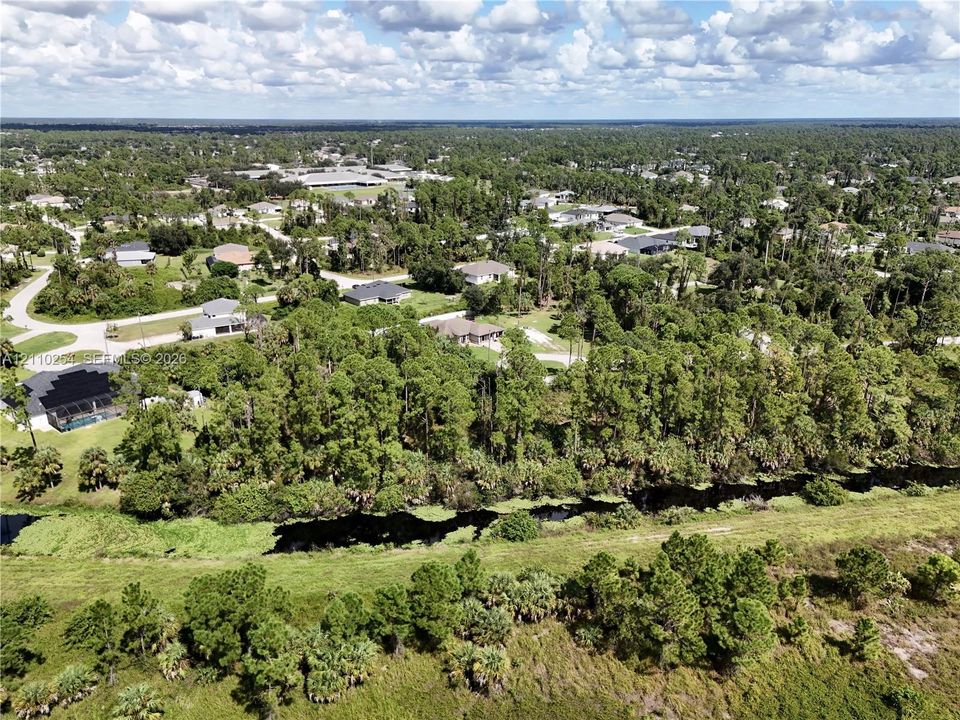 Aerial perspective of a residential lot featuring mature trees, a linear water feature, and a cleared parcel of land bordered by established vegetation