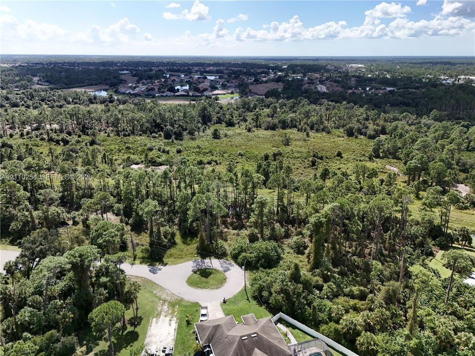Aerial perspective featuring a multi-faceted roofline, asphalt cul-de-sac frontage, and expansive wooded lot