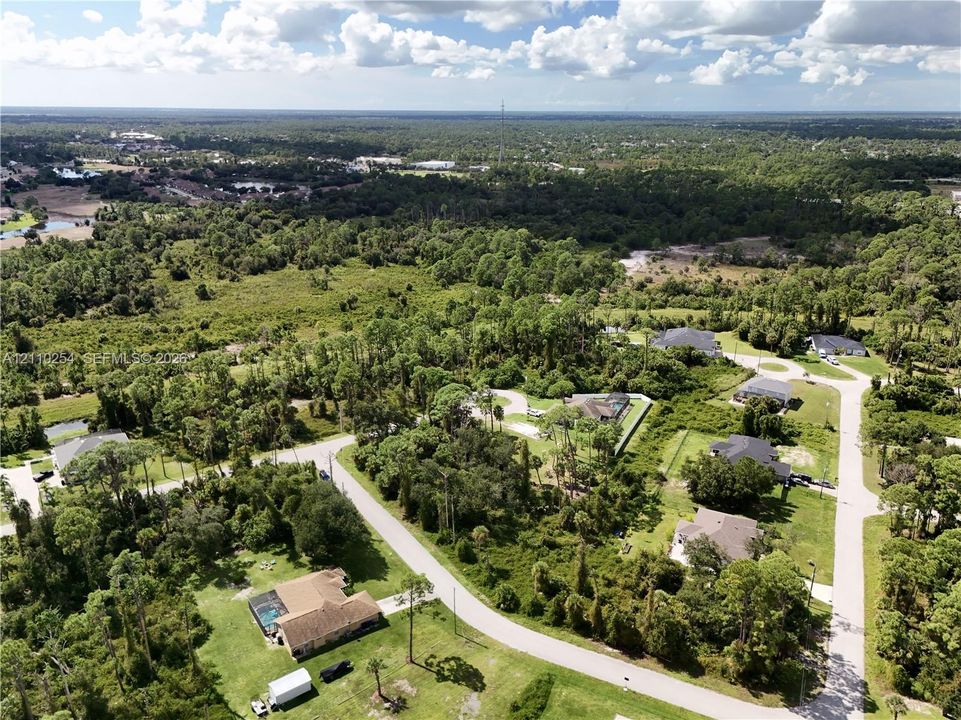 Aerial perspective of a residential lot featuring expansive acreage, mature perimeter vegetation, and a paved street