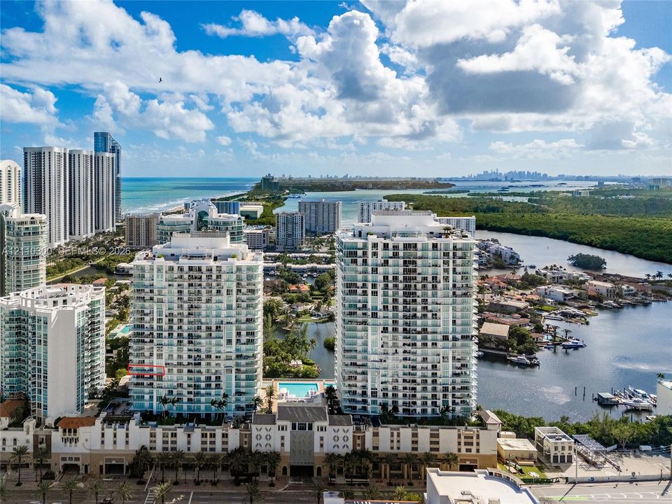 Elevated urban perspective featuring a skyline backdrop, proximity to coastline, expansive green space, and mature palm landscaping