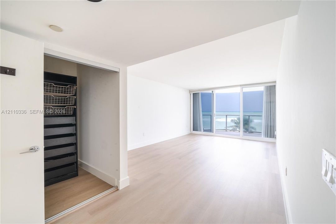 Living area featuring light wood-finish flooring, floor-to-ceiling sliding glass doors, built-in closet organization system, and ocean horizon backdrop