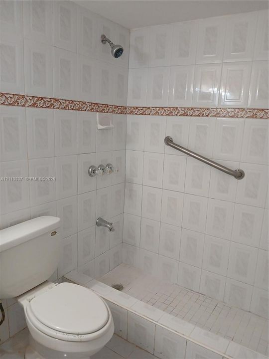Full-height ceramic wall tiling with decorative accent border, walk-in shower area with integrated tiled threshold, stainless steel grab bar, wall-mounted shower head, and chrome plumbing fixtures
