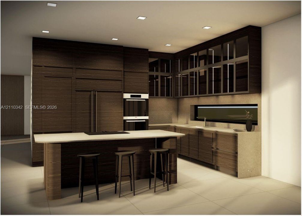 Modern kitchen featuring dark wood-finish cabinetry, floor-to-ceiling integrated appliance paneling, recessed lighting, stone-finish countertops, and an island with an extended counter