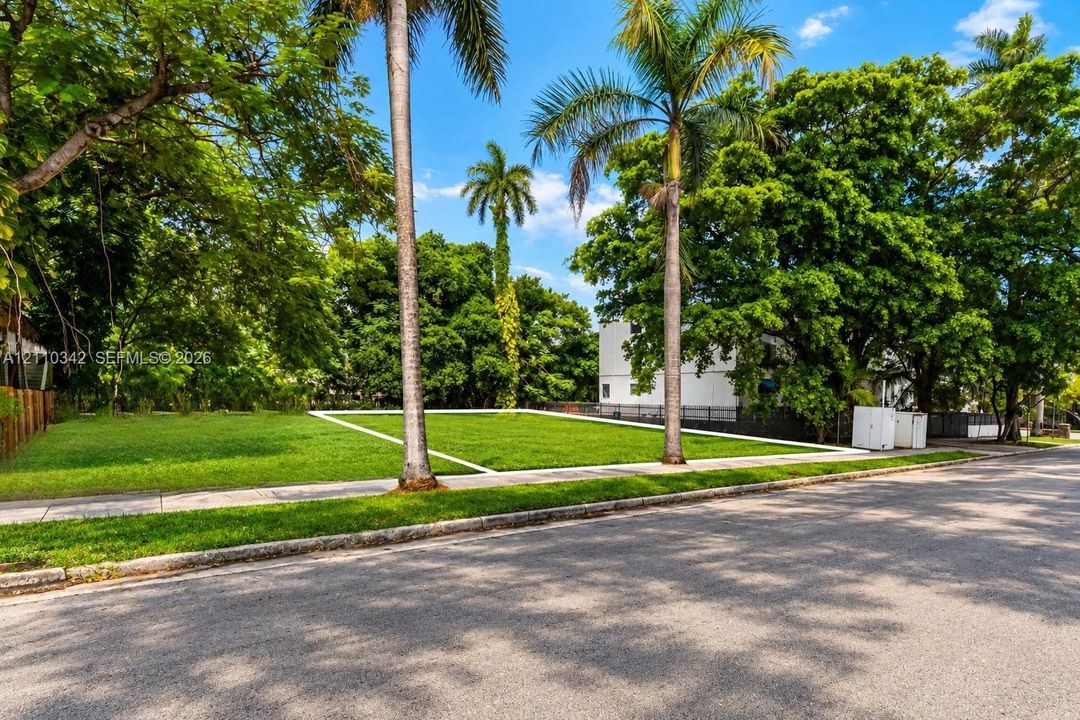 Cleared parcel featuring a grass lawn, mature palm trees, and existing concrete sidewalk