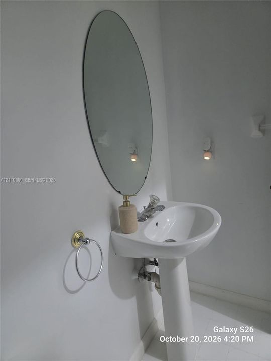 Oval wall-mounted mirror, white pedestal sink with metal faucet, and polished gold-tone towel ring