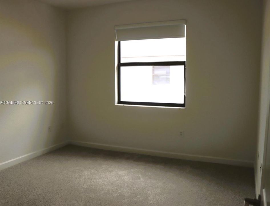 Neutral wall palette, wall-to-wall carpeting, single-pane window with dark framing, and fitted window shade