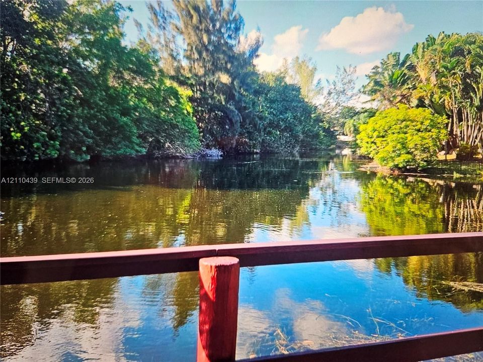 Waterfront property featuring a horizontal railing and mature perimeter trees