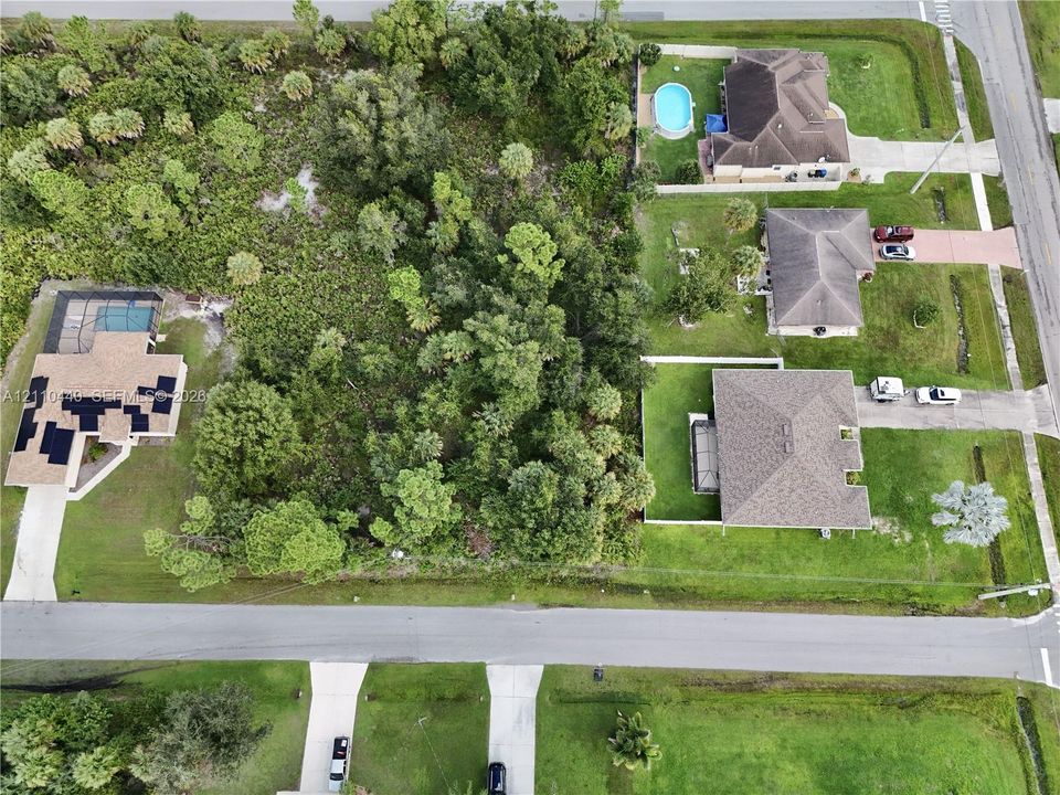 Aerial perspective featuring a large, wooded lot with dense native vegetation and established trees