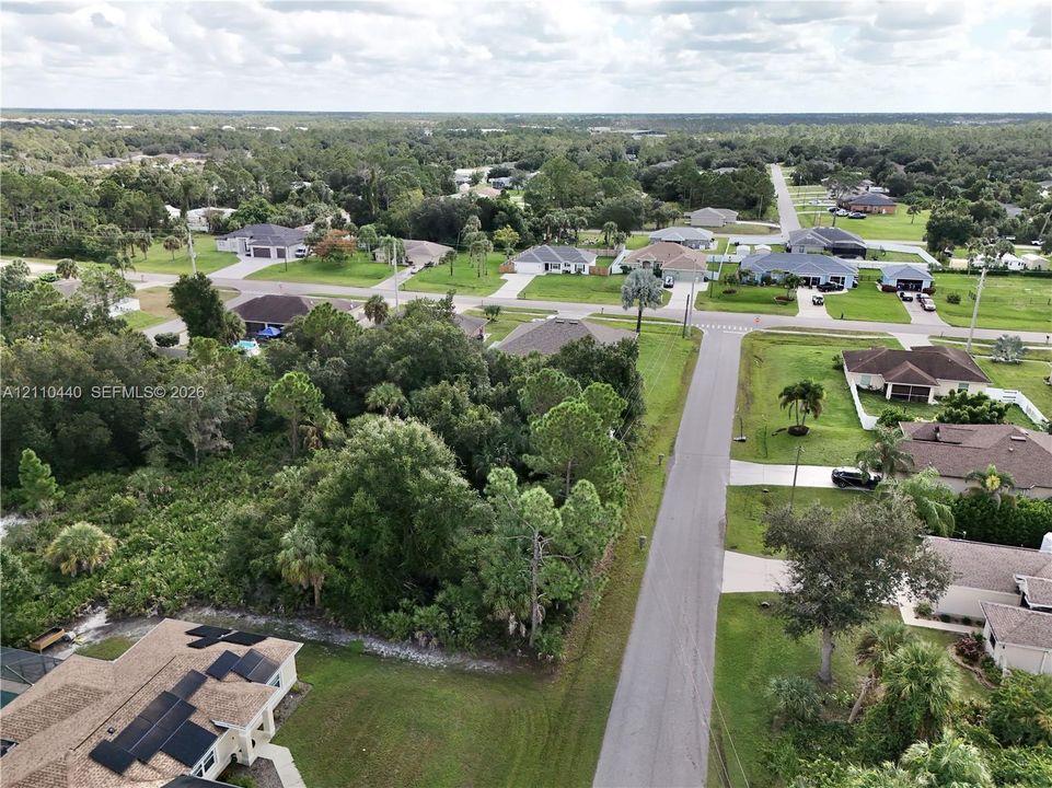 Aerial perspective of a residential lot featuring established native vegetation, mature trees, and existing solar panels on the roof structure